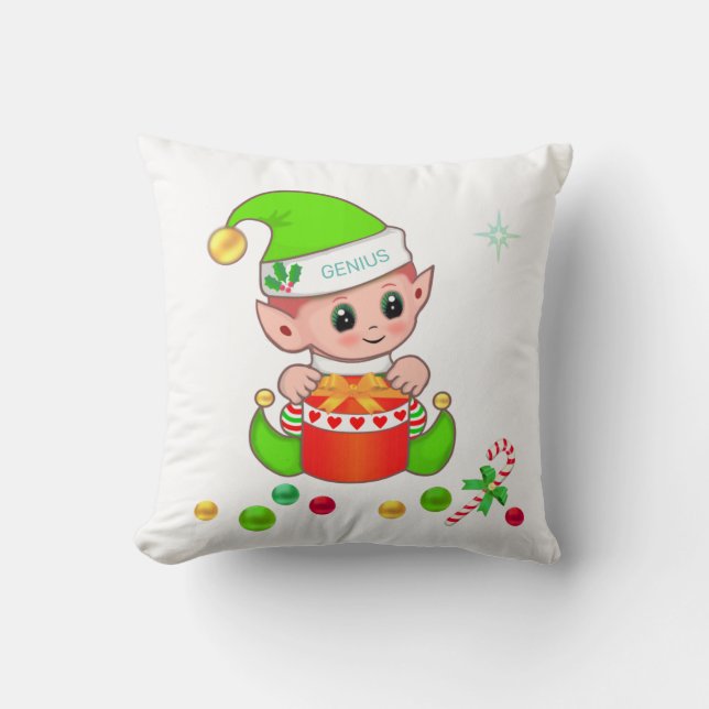 Green Christmas elf, candy cane & Christmas balls Cushion (Front)
