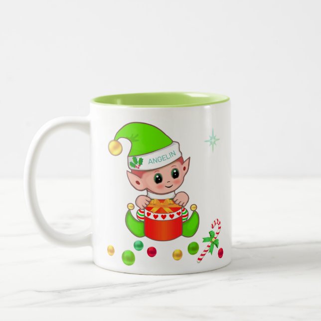 Green Christmas elf, candy cane & Christmas balls Two-Tone Coffee Mug (Left)