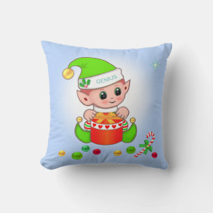 Green Christmas elf & Christmas gift on light blue Cushion