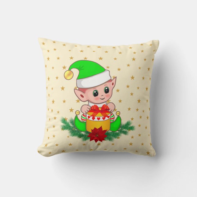 Green Christmas elf, pine, & stars on ivory Cushion (Front)