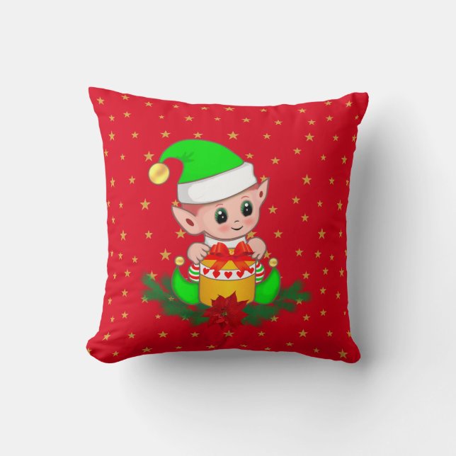 Green Christmas elf, pine, & stars on red Cushion (Front)