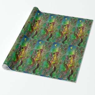 GREEN CHRISTMAS FAIRY ,GOLD SPARKLES IN MOONLIGHT WRAPPING PAPER