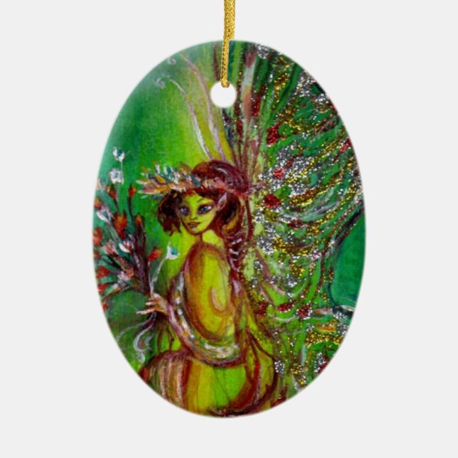 GREEN CHRISTMAS FAIRY WITH EMERALD GEMSTONE CERAMIC ORNAMENT (Front)