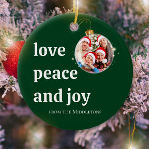 Green Christmas Family Photo Love Peace Joy Ceramic Ornament