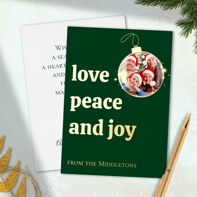 Green Christmas Family Photo Love Peace Joy Gold Foil Holiday Card (Creator Uploaded)