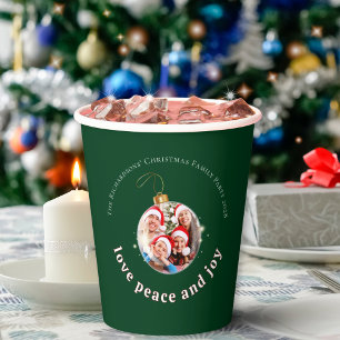 Green Christmas Family Photo Love Peace Joy  Paper Cups
