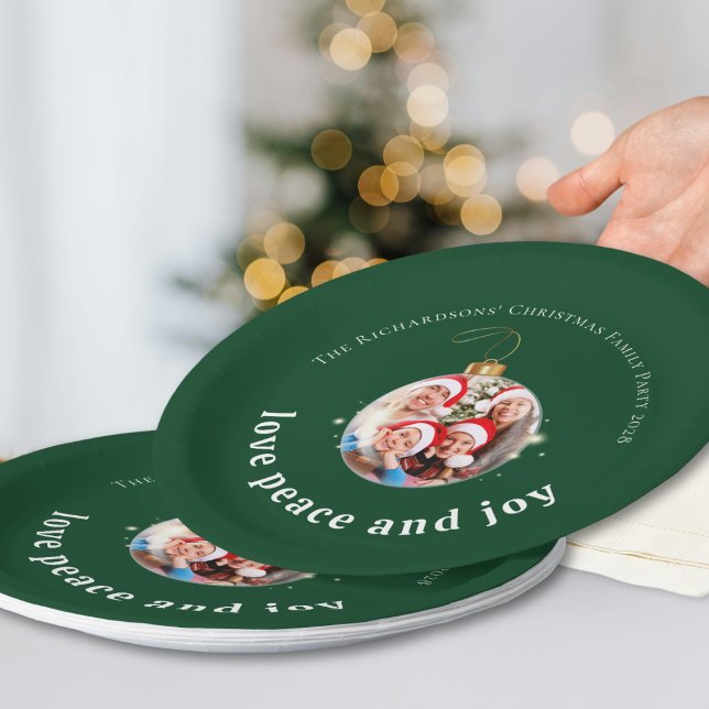 Green Christmas Family Photo Love Peace Joy  Paper Plate (Creator Uploaded)