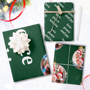 Green Christmas Family Photo Love Peace Joy Wrapping Paper Sheet
