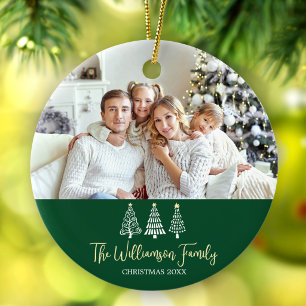 Green Christmas Family Photo Stylish Trees Script Ceramic Ornament