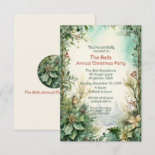 Green Christmas Flowers Annual Christmas Party  Invitation