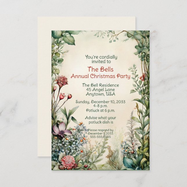 Green Christmas Flowers Annual Christmas Party  Invitation (Front/Back)