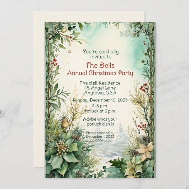Green Christmas Flowers Annual Christmas Party  Invitation (Front/Back)