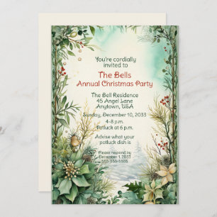 Green Christmas Flowers Annual Christmas Party  Invitation