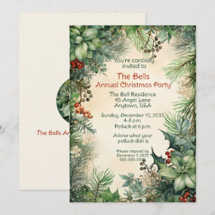 Green Christmas Flowers Annual Christmas Party  Invitation
