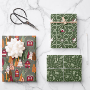 Green Christmas Forest Village Birds Houses Wrapping Paper Sheet