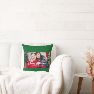 Green Christmas Frame Couple Photo Name Cushion