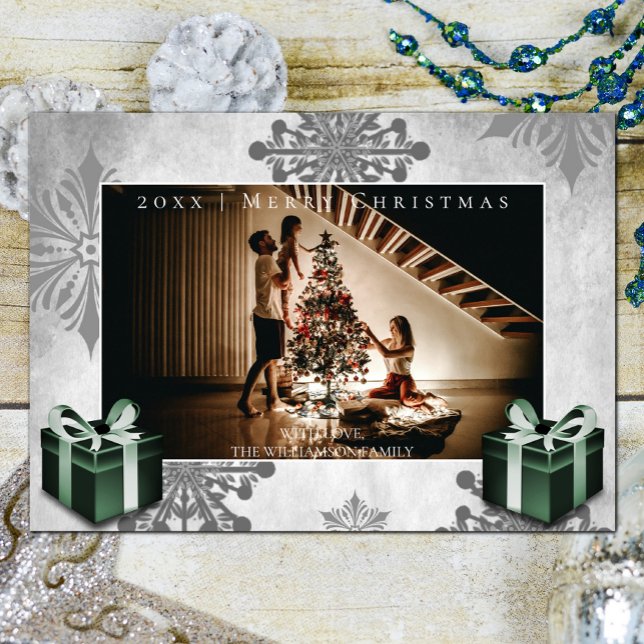 Green Christmas Gifts and Snowflakes Photo Card (Green Christmas Gifts and Snowflakes Holiday Photo Card)