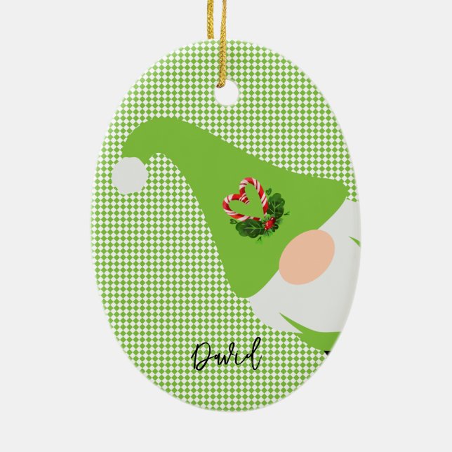 green christmas gnome pattern name chequered fun ceramic ornament (Back)