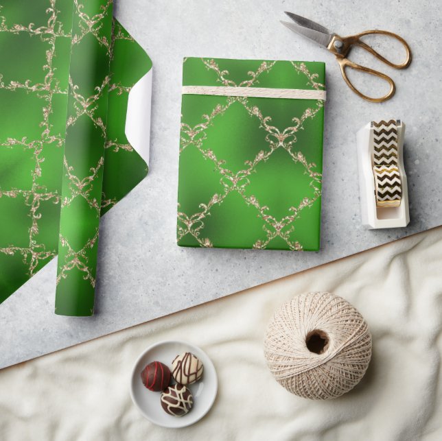 Green Christmas Gold Glitter Damask Gift Wrapping Paper (Crafts)