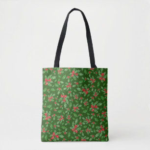 Green Christmas holly leaves and red berries Tote Bag