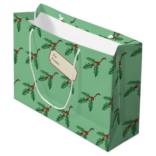 Green Christmas Holly Name Tag Gift Bag