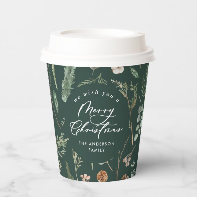 Green Christmas minimal elegant botanical  Paper Cups (Front)