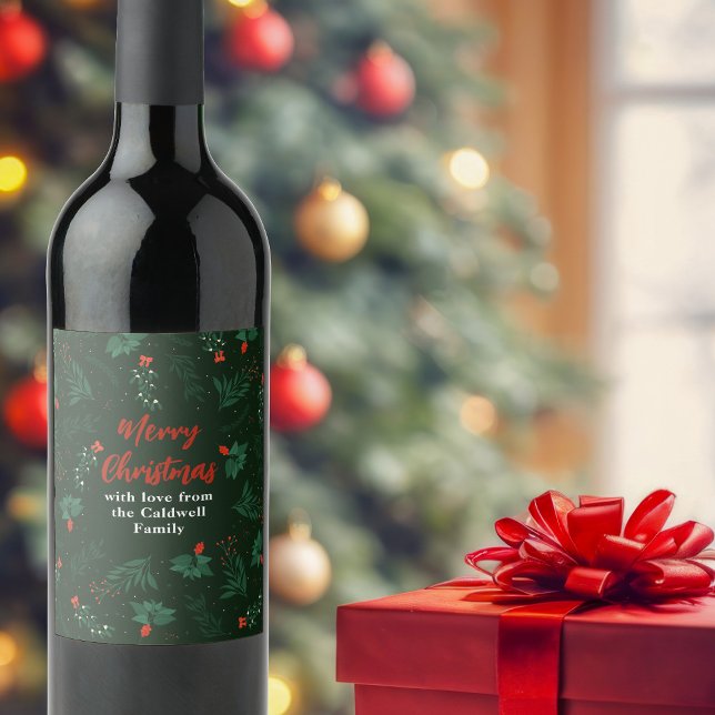 Green Christmas Mistletoe Custom Holiday Party Wine Label (Creator Uploaded)