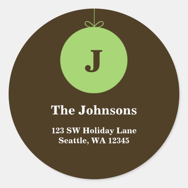 Green Christmas Ornament Monogram Address Labels (Front)
