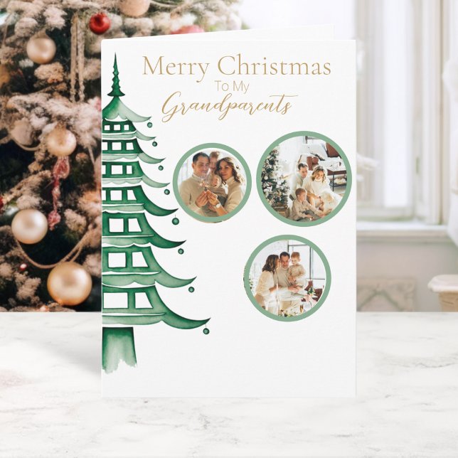 Green Christmas Pagoda Tree Grandparent 3-Photo  Card (Green Christmas Pagoda Tree Grandparent 3-Photo Card)