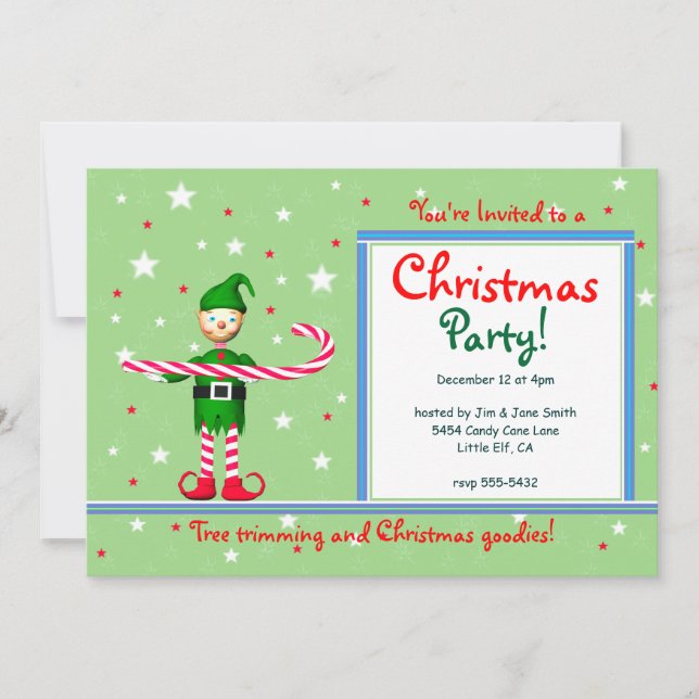 Green Christmas Party Candy Cane Elf Invitation (Front)