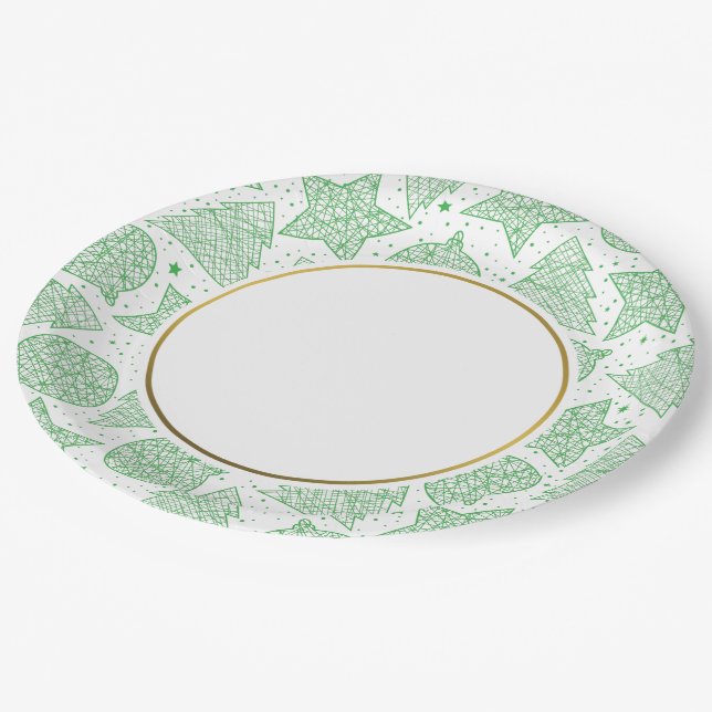 Green Christmas Pattern Paper Plates (Angled)