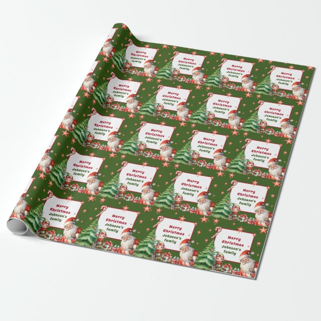 Green Christmas Personalised Santa and Elf  Wrapping Paper (Unrolled)