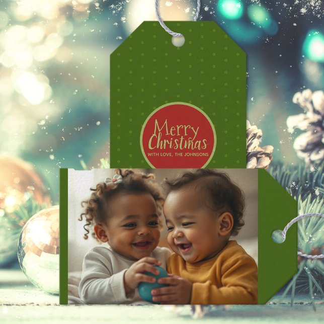 Green Christmas Photo Add Custom Text Gift Tag (Creator Uploaded)