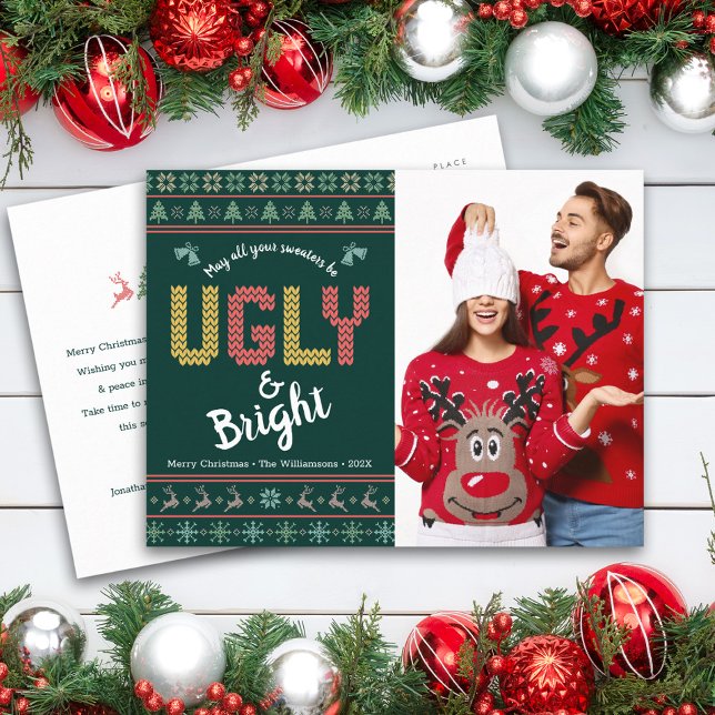 Green Christmas Photo Nordic Ugly Sweater Tacky Holiday Postcard (Creator Uploaded)