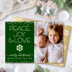 Green Christmas Photo Peace Joy Love Real Gold Foil Holiday Card