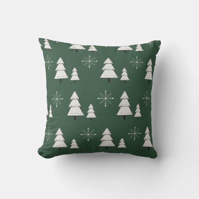 Green Christmas pillow with pines and snowflakes (Front)