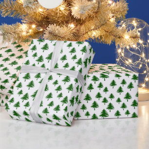 Green Christmas Pine Trees On White Wrapping Paper
