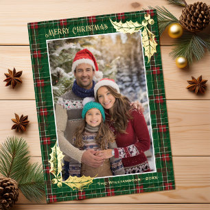 Green Christmas Plaid   Merry Christmas Photocard Foil Holiday Card