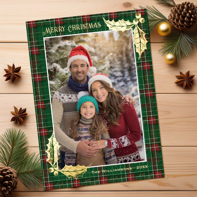 Green Christmas Plaid | Merry Christmas Photocard Foil Holiday Card (Customizable Christmas photocard with a dark green plaid edge and gold foil accents of holly)