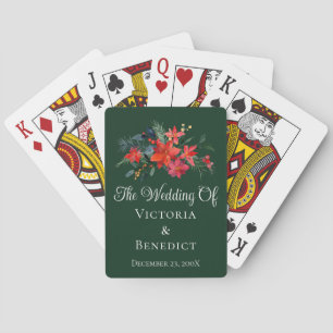 Green Christmas Poinsettia Floral Wedding Favor Playing Cards