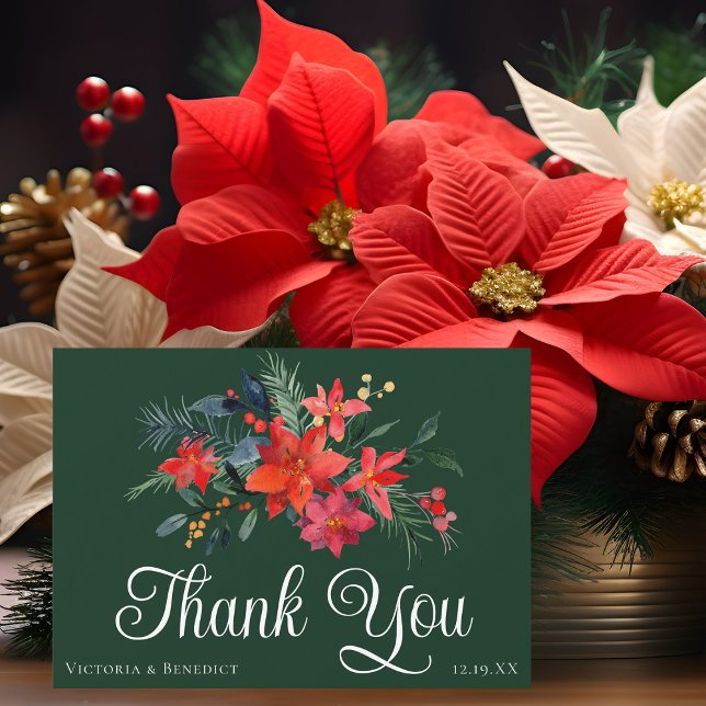 Green Christmas Poinsettia Holiday Wedding Custom Thank You Card (Creator Uploaded)