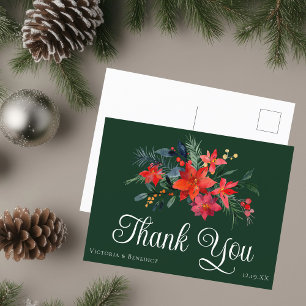 Green Christmas Poinsettia Wedding Thank You Postcard