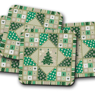 Green Christmas Quilt Christmas Cork Coaster