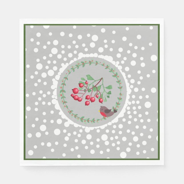 Green Christmas Red Robin Wreath and Snow Napkin (Front)