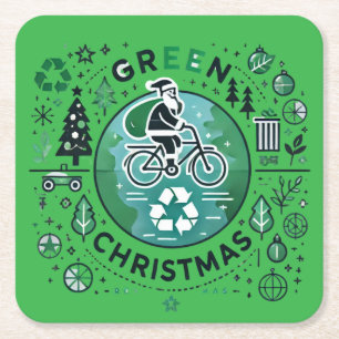 Green Christmas - Santa and Recycling Design Square Paper Coaster