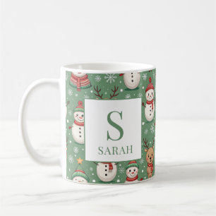 Green Christmas Snowman & Reindeer Monogram Name Coffee Mug