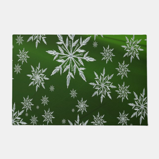 Green Christmas stars with white ice crystal Doormat (Front)