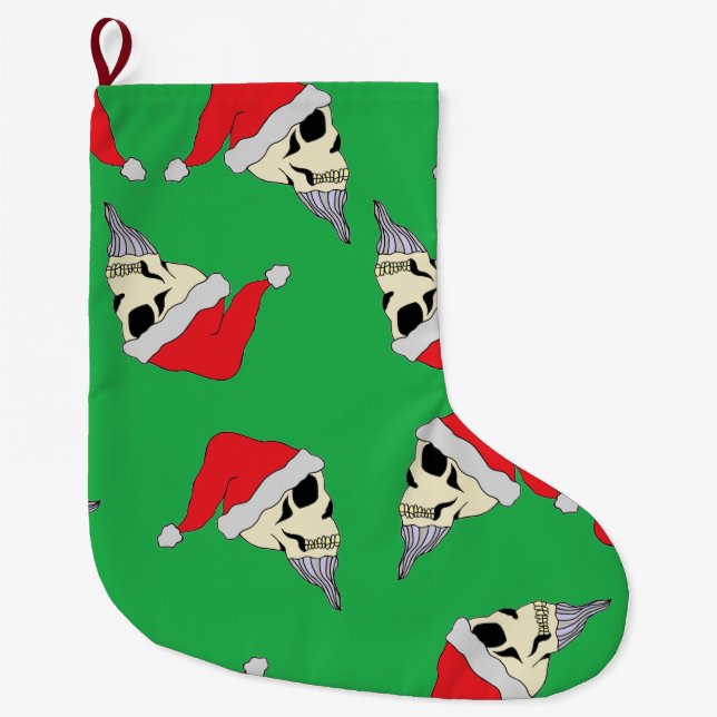 Green Christmas Stocking With Santa Claus Skulls  (Front)