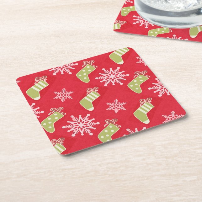 Green Christmas Stockings and Snowflakes Red Square Paper Coaster (Angled)