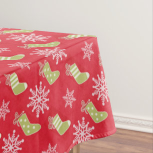 Green Christmas Stockings and Snowflakes Red Tablecloth